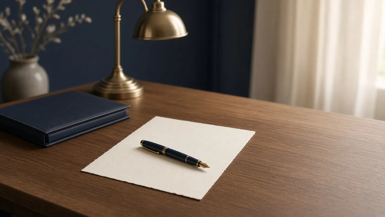 A fountain pen resting on a sheet of plain paper on a wooden desk beside a navy folder and a brass lamp.