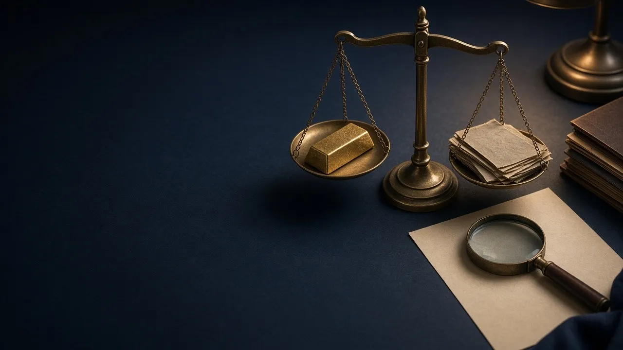 Brass scales holding a gold ingot and papers, with a magnifying glass on a navy desk.