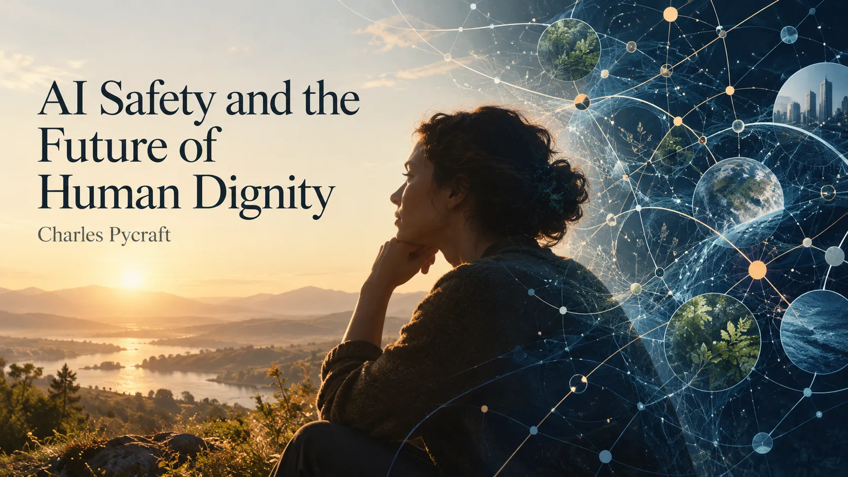 A contemplative person overlooking a sunlit landscape beside a digital network, with the article title and Charles Pycraft's byline.