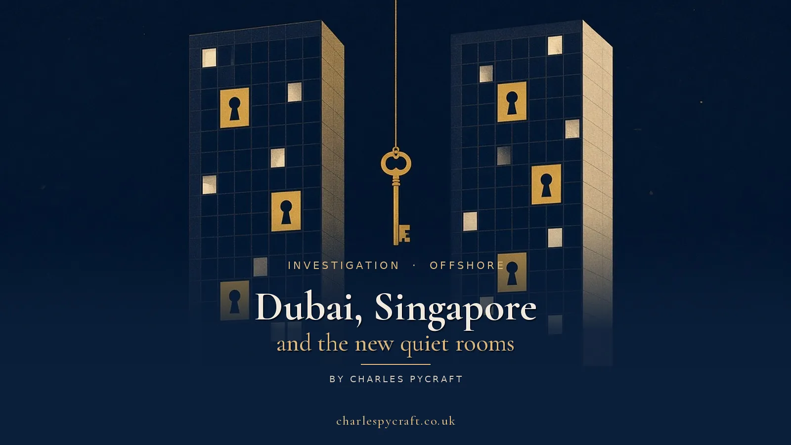 Illustrated cover: two dark towers whose few lit windows are gold keyholes, with a gold key hanging out of reach between them. Dubai, Singapore and the new quiet rooms, an investigation by Charles Pycraft