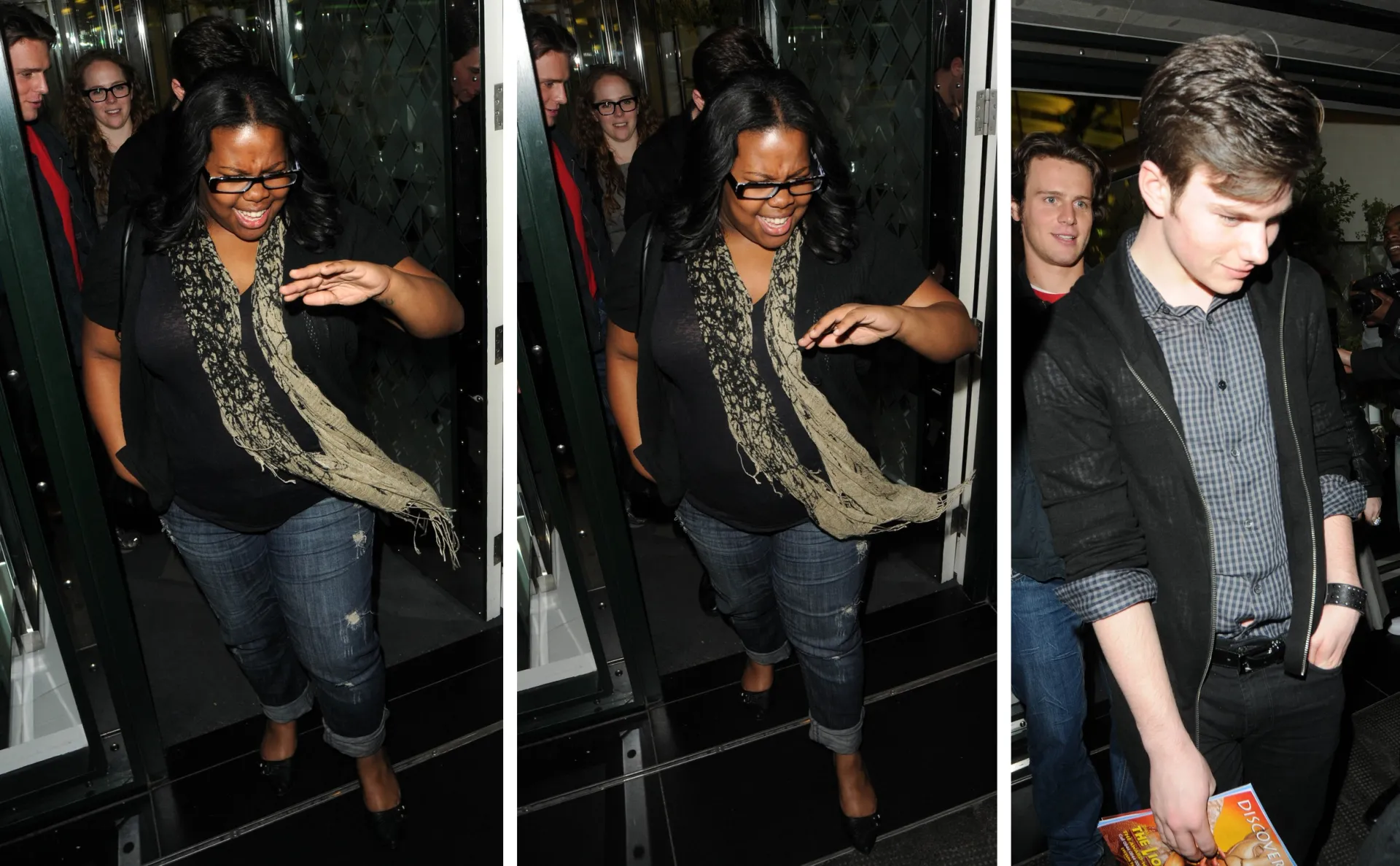 Three archive frames side by side: members of the Glee cast leaving The Ivy Club on West Street, London, at night on 17 June 2010.