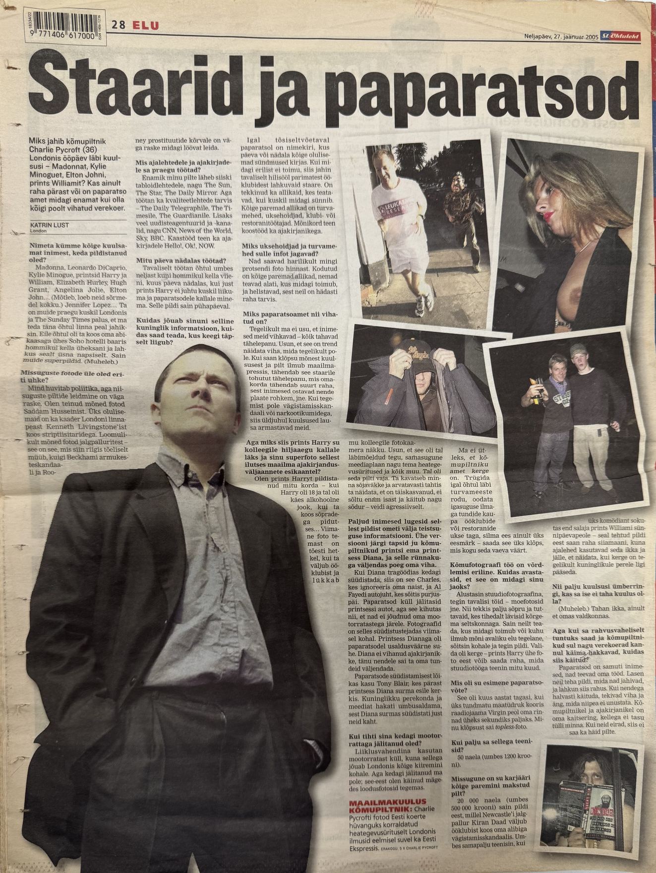Interior spread from “Staarid ja paparatsod” (“Stars and Paparazzi”), documenting the working reality of freelance paparazzi: intelligence networks, patience, financial risk, and the ethical boundaries that shaped which images were taken and which were not.

